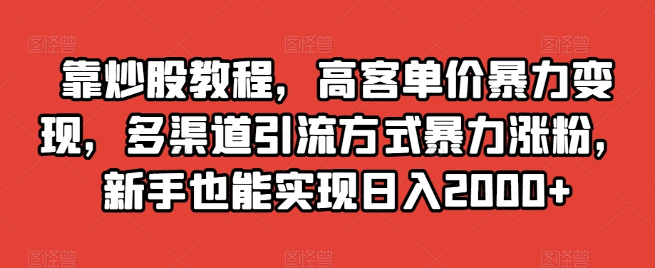 靠炒股教程，高客单价暴力变现，多渠道引流方式暴力涨粉，新手也能实现日入2000+【揭秘】-优才资源站