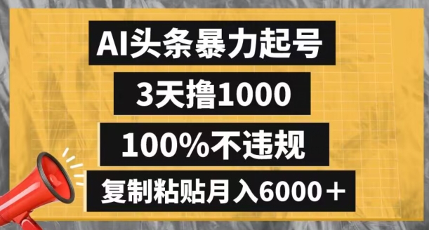 AI头条暴力起号，3天撸1000,100%不违规，复制粘贴月入6000＋【揭秘】-优才资源站