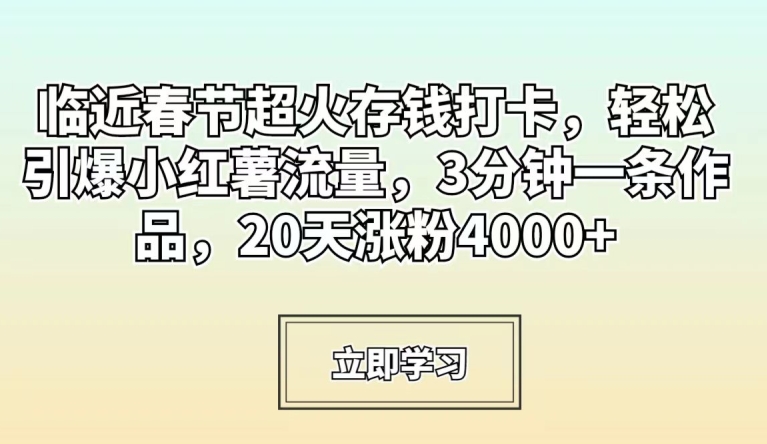 临近春节超火存钱打卡，轻松引爆小红薯流量，3分钟一条作品，20天涨粉4000+【揭秘】-优才资源站