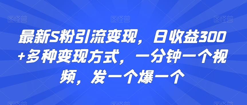 最新S粉引流变现，日收益300+多种变现方式，一分钟一个视频，发一个爆一个【揭秘】-优才资源站