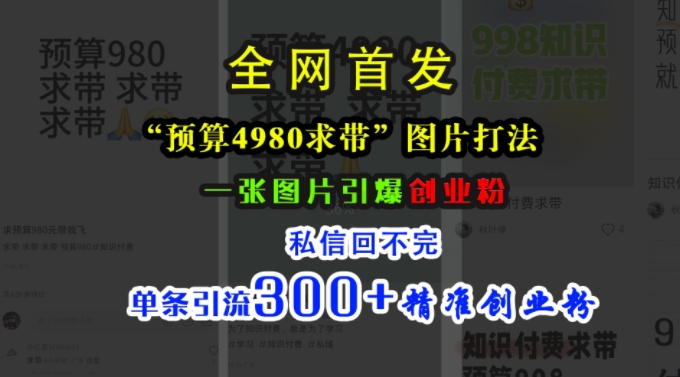 小红书“预算4980带我飞”图片打法，一张图片引爆创业粉，私信回不完，单条引流300+精准创业粉-优才资源站